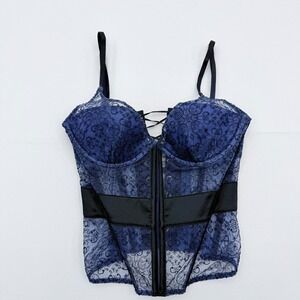 Victoria's Secret Sheer Corset Top Womens 34C Lace Up Zip Underwire Padded Boned